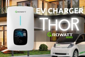 Stazione di ricarica EV Growatt in casa, ricarica intelligente gestibile con app.